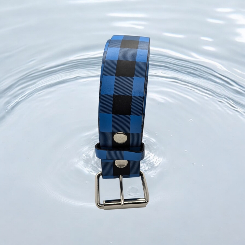 Genuine Leather belt with blue plaid